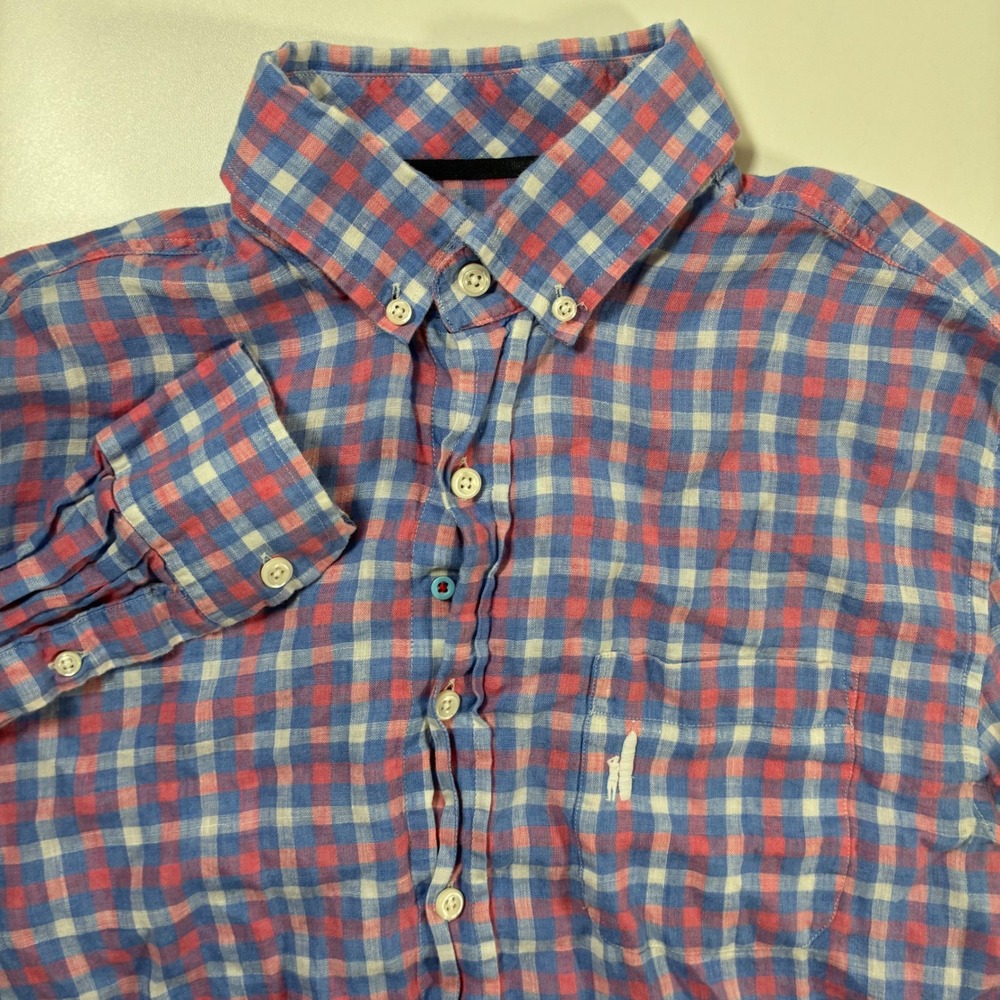 johnnie-O 100% Linen Shirt Medium Blue Red Plaid West Coast Prep